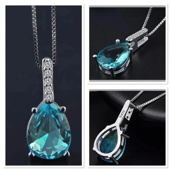 S925 Sterling Silver Simulated Blue Topaz Pendant/Necklace - Picture 1 of 8